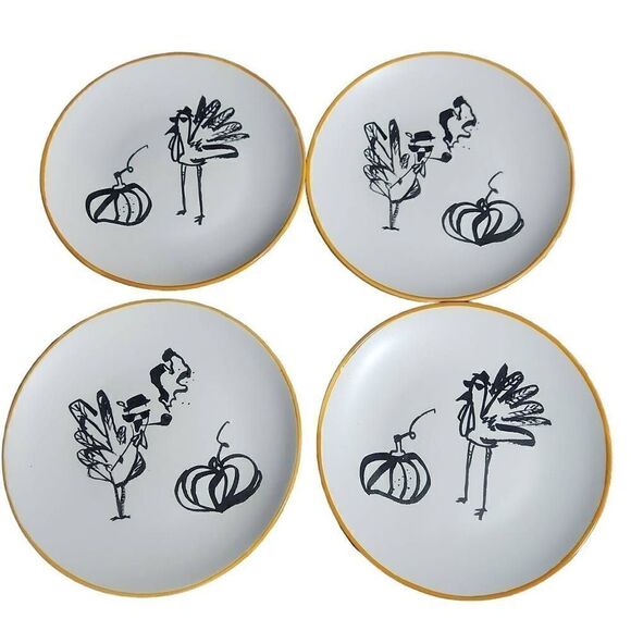 Magenta Artisan Home Collection Boss Turkey Set of 4 White Black Gold 6" Plates - Picture 1 of 6